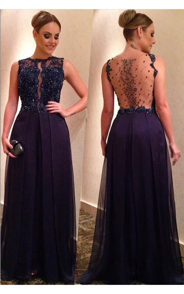 Floor-length A-line Evening Dress with Lace Appliques and Beadings