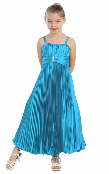 Ankle-Length Satin Pleated Flower Girl Dress with Spaghetti Straps Classy