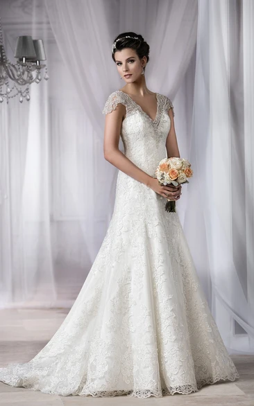 V-Neck Cap-Sleeved Wedding Dress with Appliques and Scoop Back