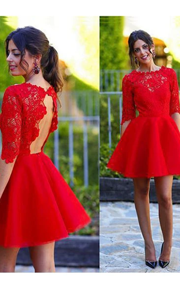 Lace A-Line Homecoming Dress with Scalloped Half Sleeves and Ruching Bridesmaid Dress