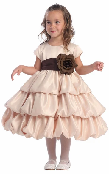 Satin Cap-Sleeve Tea-Length Flower Girl Dress with Bow Modern Wedding Dress for Girls