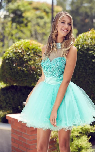 High Neck Sleeveless A-Line Tulle Illusion Dress with Beading and Ruffles