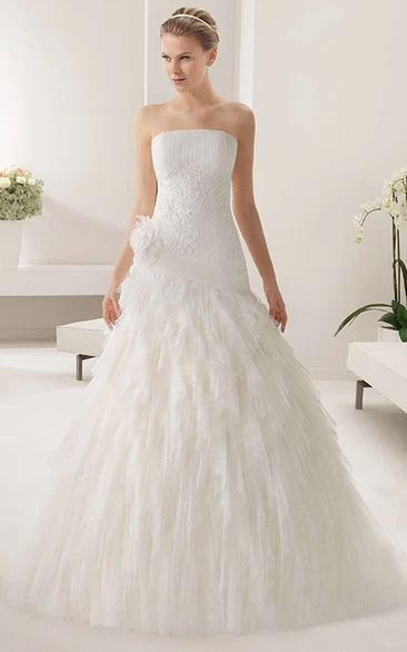 Embroidered Mermaid Tulle Dress with Tiered Skirt Strapless Wedding Gown