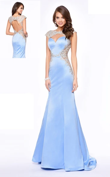 Appliqued Satin Sheath Formal Dress with Cap Sleeves and Keyhole