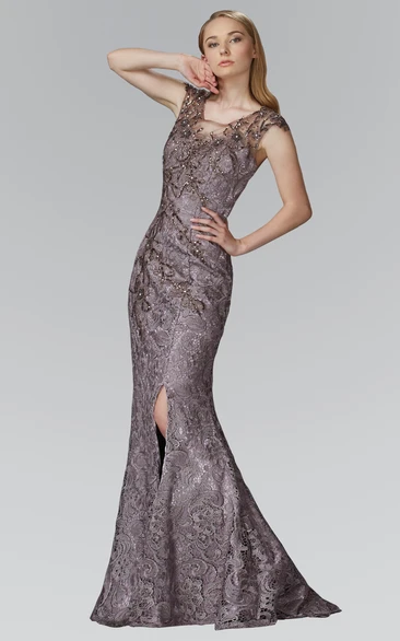 V-Neck Lace Trumpet Formal Dress with Beading and Split Front