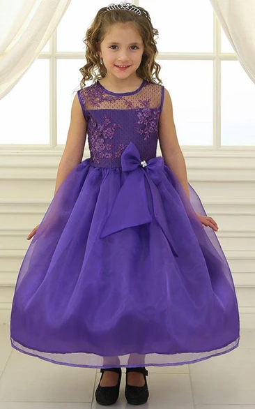 Illusion Flower Girl Dress with Bowed Floral Lace and Organza Tea-Length