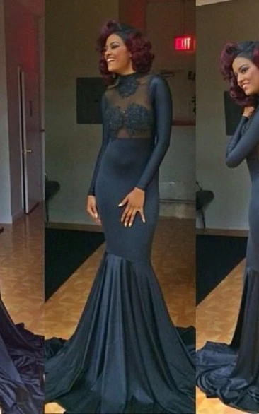 High Neck Mermaid Prom Dress with Appliques and Long Sleeves