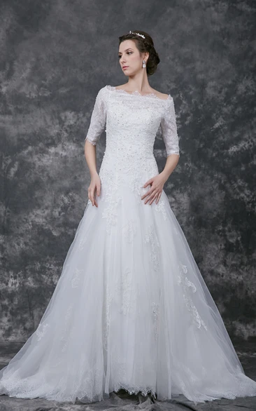 A-line Tulle Gown with Lace Appliques and Beading Half Sleeves