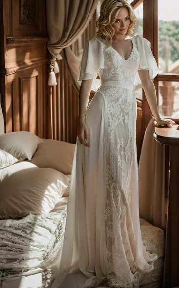 Elegant Floral A-Line Boho Lace Short Flutter Sleeve Wedding Dress Vintage Modest Flowing V-Neck Court Train Illusion Back Bridal Gown