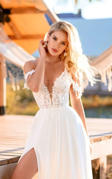 A-Line Sexy Strap Front Split Deep V-Neck Chiffon Spaghetti And Off The Shoulder Beach Wedding Dress With Applique
