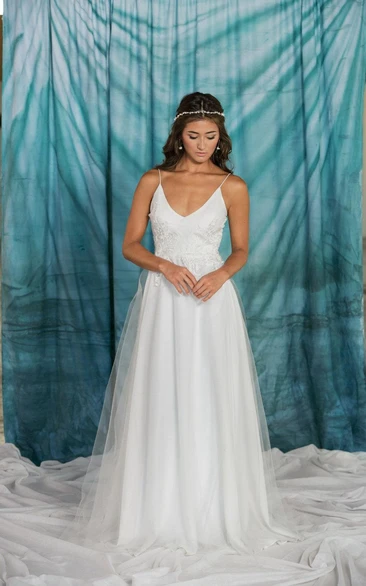 A-Line Tulle Lace Wedding Dress with Spaghetti Straps