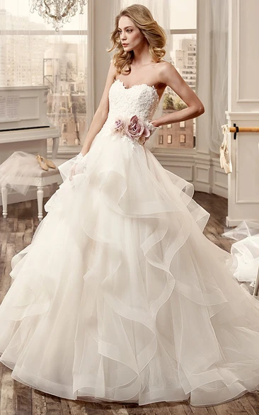 Cascading Ruffles Sweetheart Wedding Dress with Floral Waist Romantic Bridal Gown