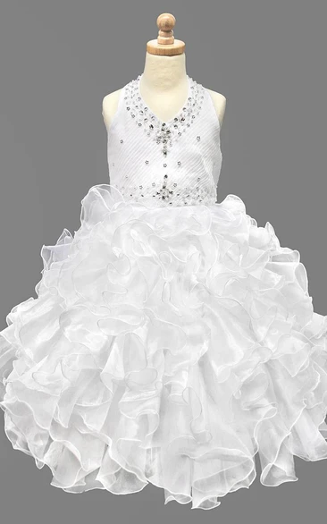 Tea-Length Ruffled Flower Girl Dress with Natural Sequins&Organza and Beaded Tiered Design