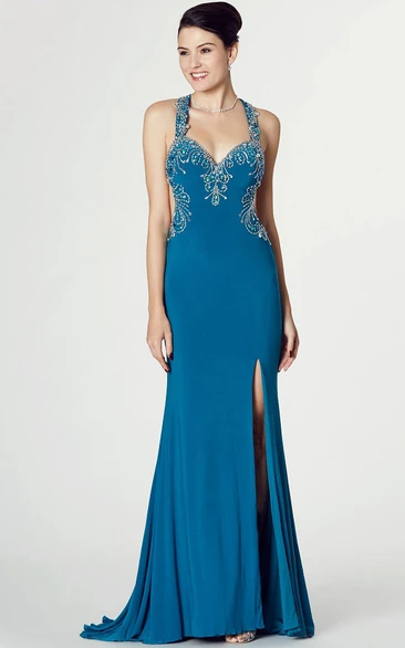 Sleeveless Halter Chiffon Prom Dress with Beaded Detail