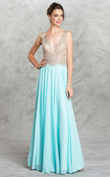 Chiffon Deep-V Back Dress with Pleats and Beading for Prom