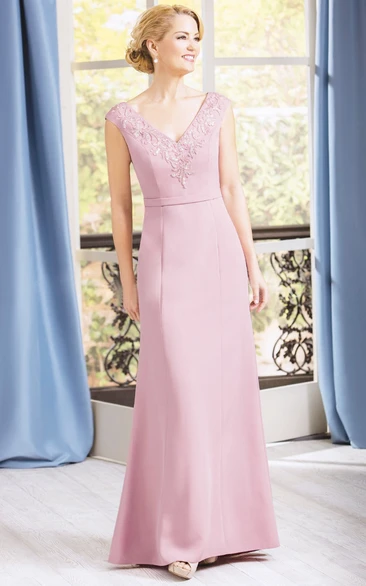 Jeweled V-Neck Mother of the Bride Dress with Cap Sleeves Modern Formal Dress