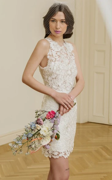 Short Sleeveless Lace A-Line Jewel Wedding Dress Modern & Elegant