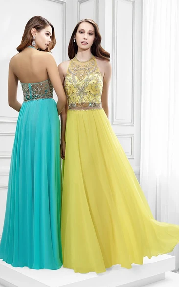 Crystal Tulle Prom Dress Sleeveless High Neck Design