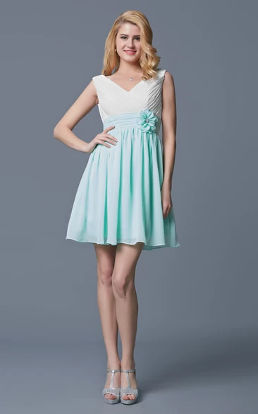 A-line Sleeveless Pleated Chiffon Bridesmaid Dress With Flower Belt Short Classy Unique