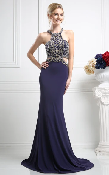 Sleeveless Two-Piece Sheath Jersey Dress with Jewel-Neck and Beading