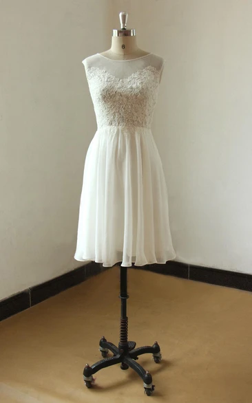 Ivory Lace Chiffon Wedding Dress with Illusion Neckline Knee Length Sleeveless Elegant