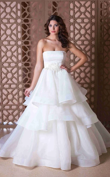 Beaded Organza A-Line Wedding Dress Strapless Sleeveless Floor-Length