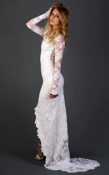 Lace Chapel Train Dress with Applique Flowers and Long Sleeves