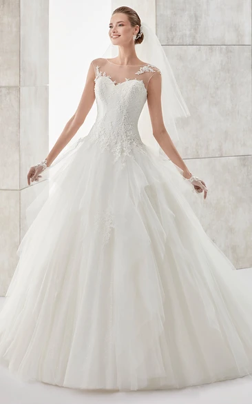 Ruffled A-line Wedding Dress with Jewel-Neck and Illusive Design