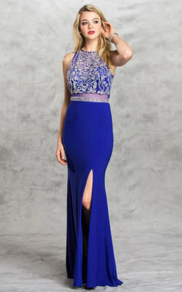 High Neck Sleeveless Jersey Formal Dress with Illusion and Beading