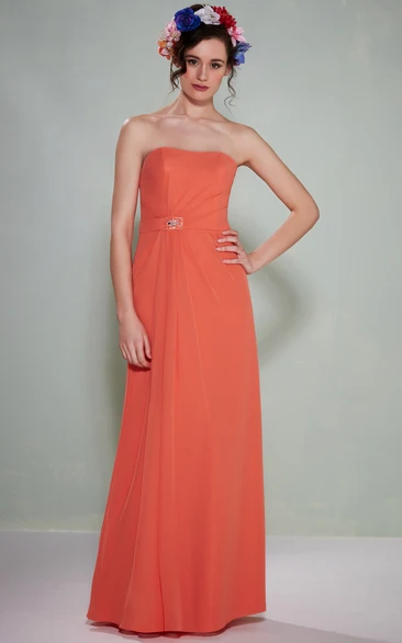 Chiffon Strapless Ruched Bridesmaid Dress with Broach Flowy Bridesmaid Dress