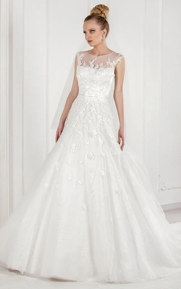 Appliqued Tulle A-Line Wedding Dress with Illusion Back