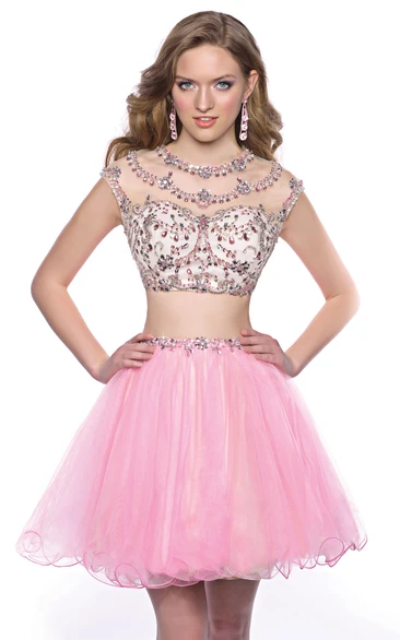 Jeweled Top Cap Sleeve Two-Piece Mini Homecoming Dress Tulle Skirt