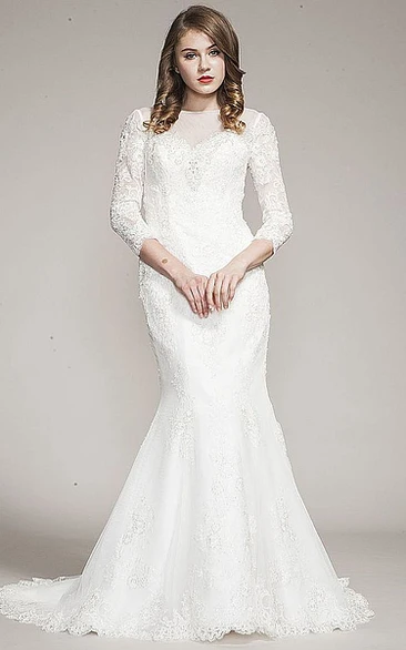 Lace Illusion Long-Sleeve High Neck Trumpet Wedding Dress