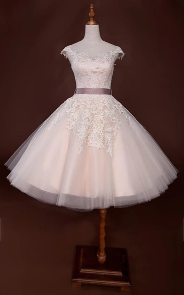 Short Bell Cap Sleeve Lace Appliques Chiffon Tulle Wedding Dress