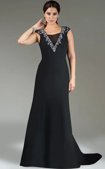 Cap Sleeve A-Line Long Mother Of The Bride Dress With Train And Crystals Flowy Formal Dress