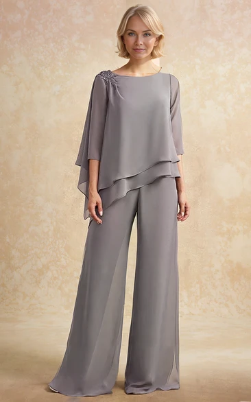 Jewel Neck Modest Two Piec Elegant Plus Size Floor Long Sleeve Peplum Mother Guest Pantsuit
