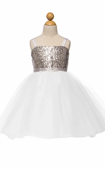 Knee-Length Spaghetti Tulle Flower Girl Dress with Sequins