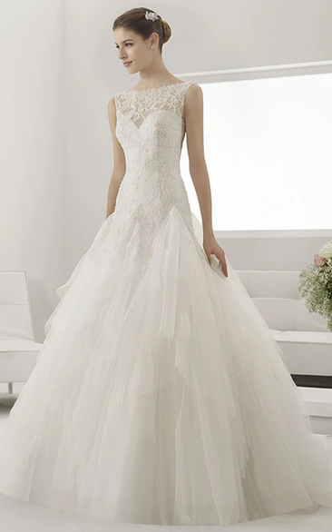 Bateau Neck Lace Drop Waist Bridal Gown with Layered Tulle Skirt Modern Wedding Dress