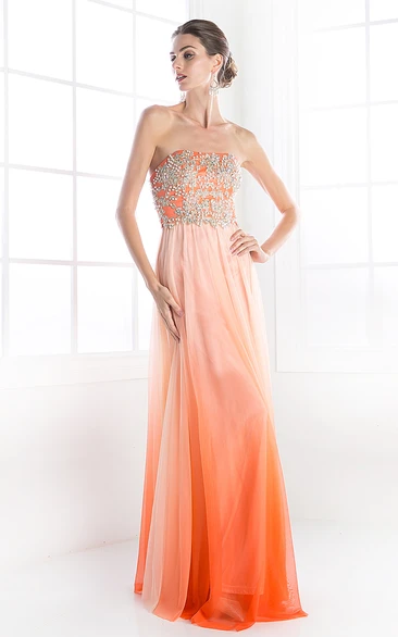 Ombre Chiffon Strapless Bridesmaid Dress with Beading and Backless Design