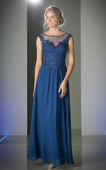 Scoop-Neck Sleeveless Sheath Dress with Appliques and Illusion in Chiffon Fabric