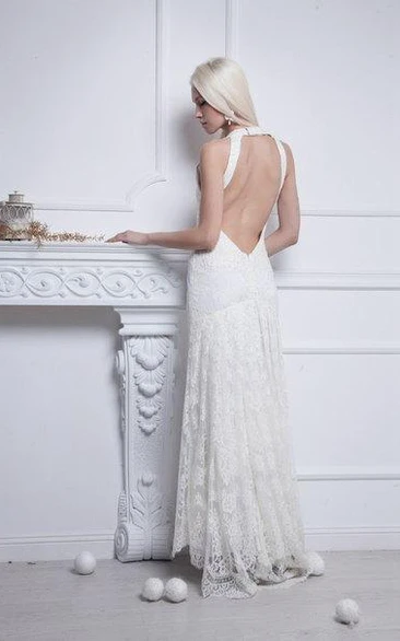 Backless Sheath Lace Wedding Dress V-Neckline Sleeveless Floor-Length