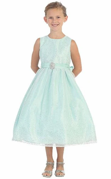 Beaded Tulle & Satin Tea-Length Flower Girl Dress with Brooch