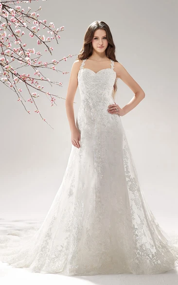 Long Sleeveless Wedding Dress with Lace Appliques and Illusion Style