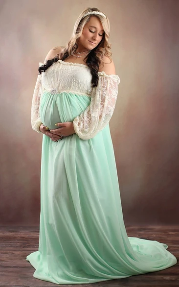 Long Sleeve Pleated Maternity Dress with Lace and Chiffon A-line