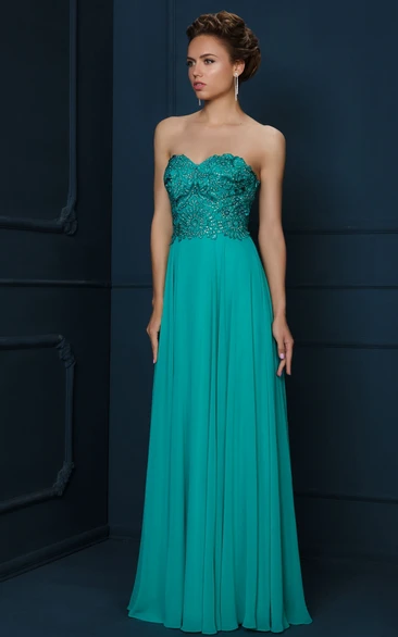 Embroidered Chiffon Sweetheart Maxi Dress with Sleeveless A-Line Silhouette