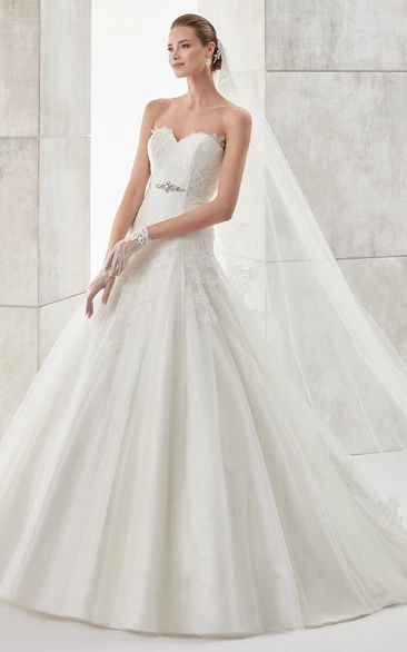 A-line Lace Bodice Wedding Dress with Beaded Belt Classy Bridal Gown
