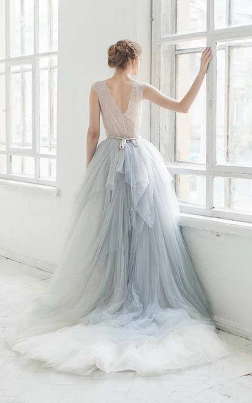 Short Sleeve Backless Ribbon Waist A-Line Tulle Bridesmaid Dress