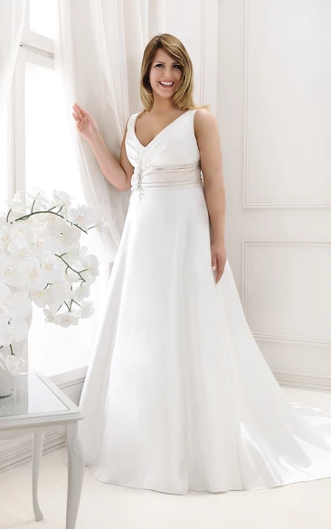 Satin Floral Waist Sleeveless Wedding Dress with Plunging Neckline