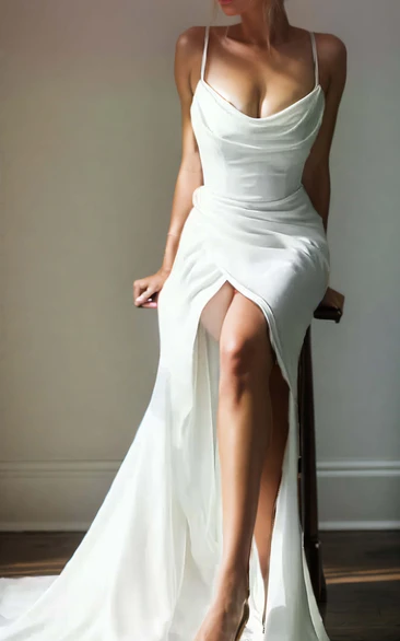 Simple Sexy Solid Spaghetti Straps Ruched Mermaid Beach Floor-length Sleeveless Wedding Dress with Button Zipper Deep-V Back Split Front