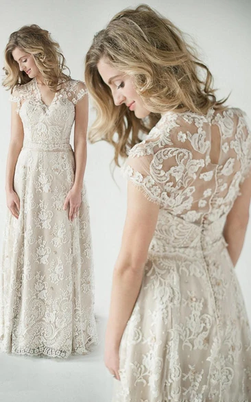 Lace A-Line Short V-Neck Wedding Dress with Bell Sleeves